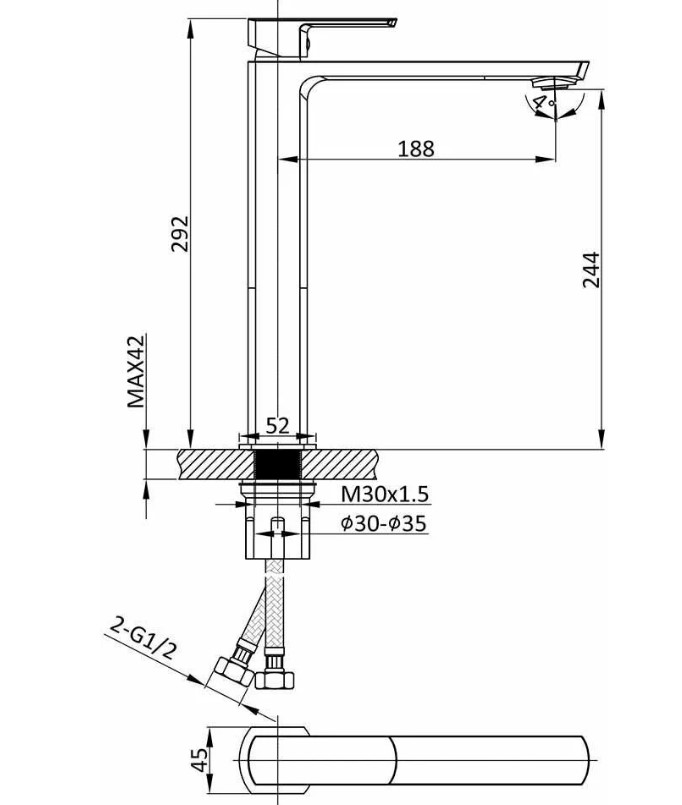 Дополнительное фото №1 Однорычажный смеситель для раковины CHIEZZA Ribago, серый цвет оружейного металла, высокий